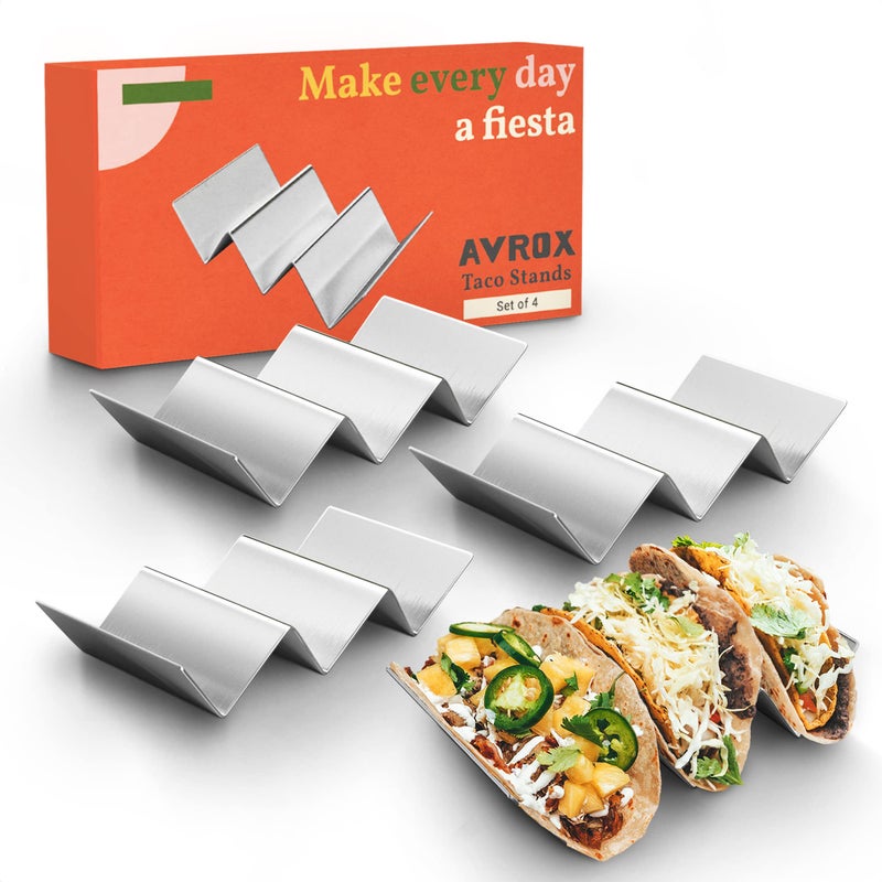 AVROX Pack of 4 - Stainless Steel Taco Holder Stand - Truck Tray Style - Each Rack Holds Up to 3 Tacos - Oven, Grill & Dishwasher Safe - Size 8" x 4" x 2" - Image 1
